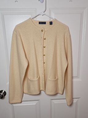 Karen Scott Cream Button-Up Knit Cardigan with Gold Buttons 100% Wool *call Out